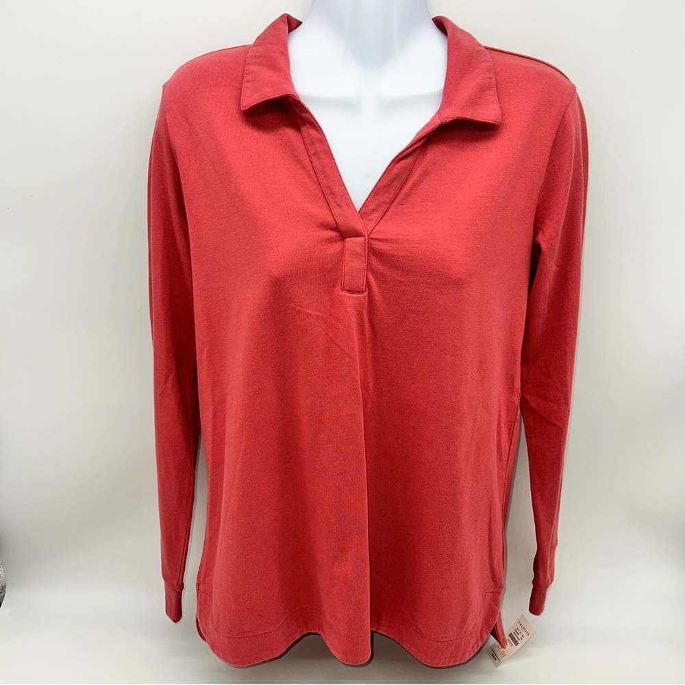 Talbots Red Long Sleeve Open V-Neck Jersey Knit Popover Henley Top Salmon-Size P